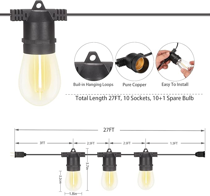 2 Pack x 27Ft Outdoor String Lights S14 LED IP65 Waterproof Connectable Warm White for Patio Edison Vintage 918Ft Maximum Shatterproof