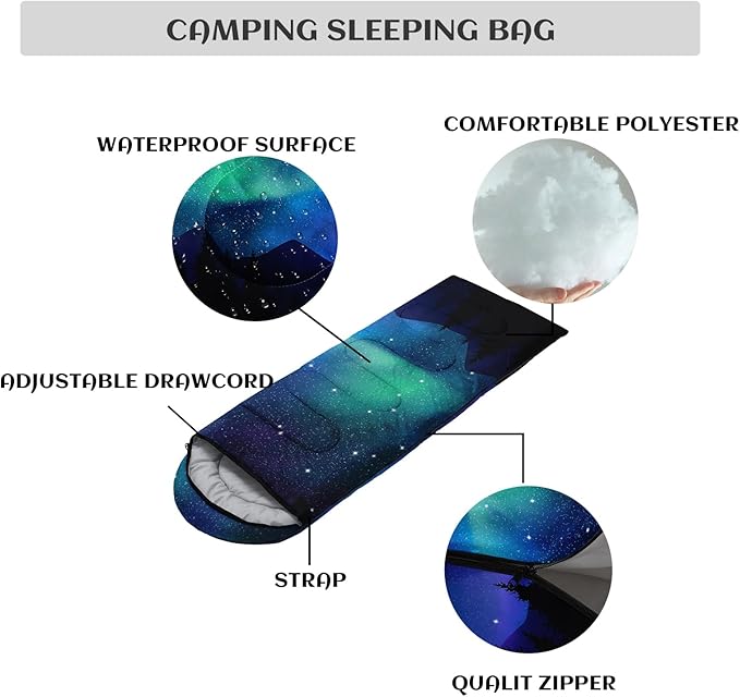 Sleeping Bags for Adults Youth Kids3D Printing Camping Sleeping Bag for Girls Boys Lightweight Waterproof Cold/Warm Weather Sleeping Bag for 3 Seasons
