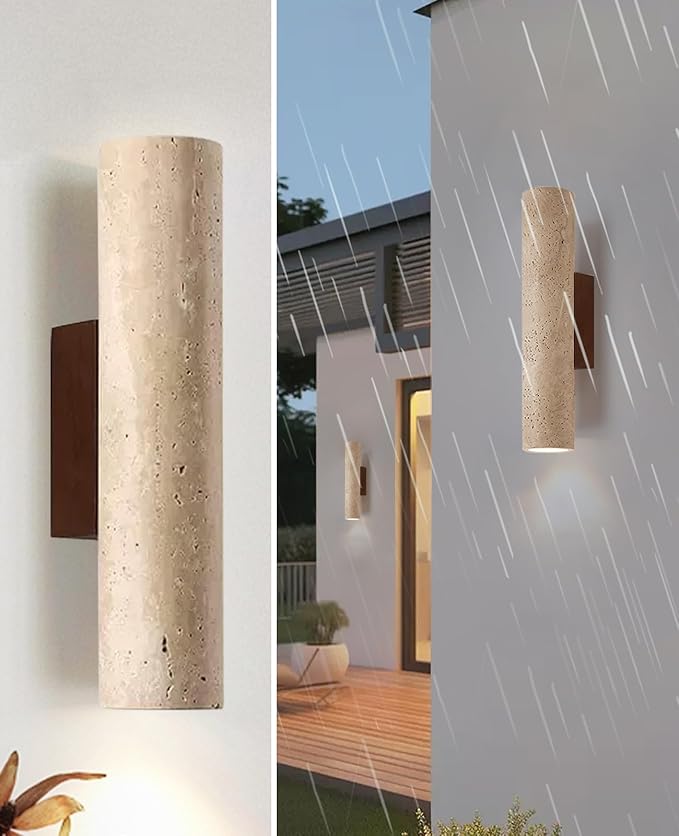 Outdoor Waterproof Wall Sconce 11 H Long Linear Natural Yellow Travertine Wall Lamp with Natural Stone Lampshade Wooden Base MCM Wall Sconce for House Patio Garage Entryway (Water Resistant)