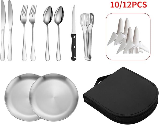Camping Mess Kits with Portable Case Stainless Steel Outdoor Picnic Dinnerware Set with Plate Spoon Fork Knife Cloth Napkins