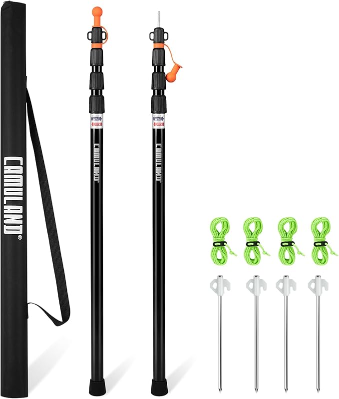 Tent Poles for Tarp CAMULAND Telescoping Camping Gear Accessories Stakes for Hammock Rain Fly Sun Shade Adjustable Lightweight Aluminum Set of 34.5 - 110.2 Hiking Awning/Outdoor with Carry Bag
