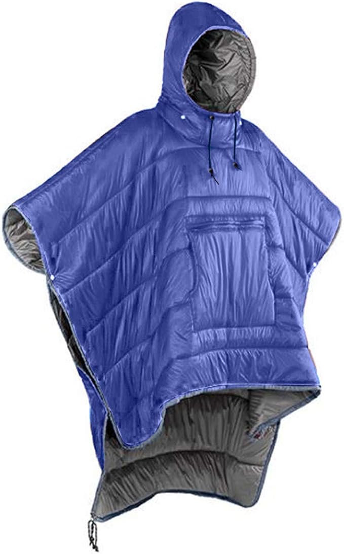 Gaorui Winter Poncho Coat Outdoor Camping Warmth Small Quilt Blanket Water-resisitant Sleeping Bag Cloak Cape with Hat for Adult (Blue)