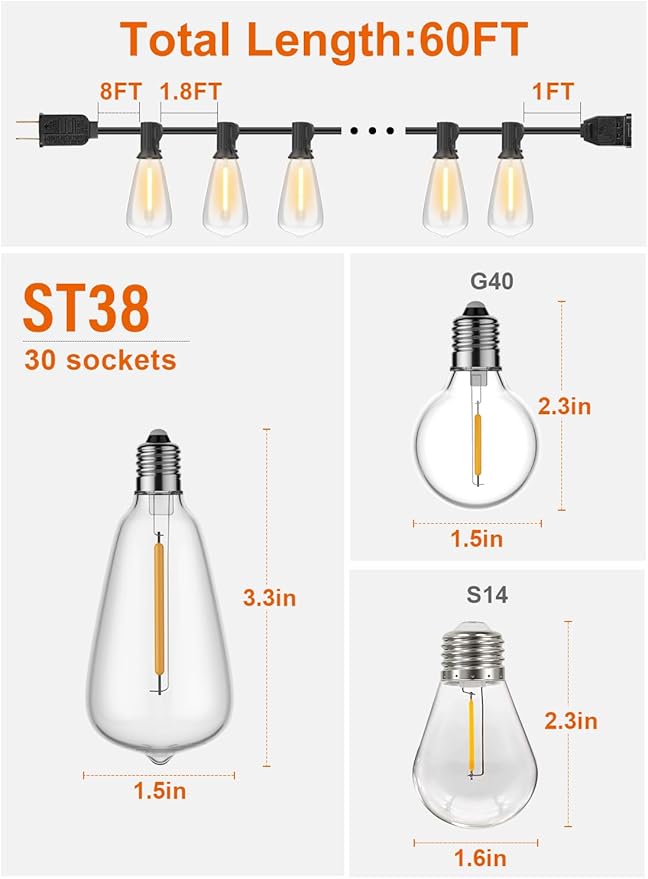 GPATIO Outdoor String Lights 60FT Waterproof Patio Lights with 32 Hanging Globe ST38 Bulbs 2700k Shatterproof for Backyard Gazebo Porch Garden Commerical Outside Decor
