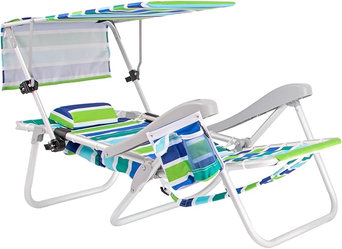 Ultimate Heavy Duty Aluminum Lace-Up Folding Backpack Beach Chair for Adults | Low Seat Lay Flat 5 Reclining Positions | Removable Insulated Cooler Pouch &amp Canopy for UV Protection