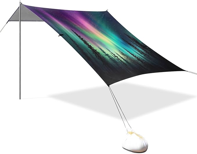 Coloured Aurora Lights Beach Tent Sun Shelter 9.2' x 10.5' Beach Canopy with 4 Sandbags 4 Stability Poles Sand Shovels - Tent Canopy for Beach Camping Fishing Picnics