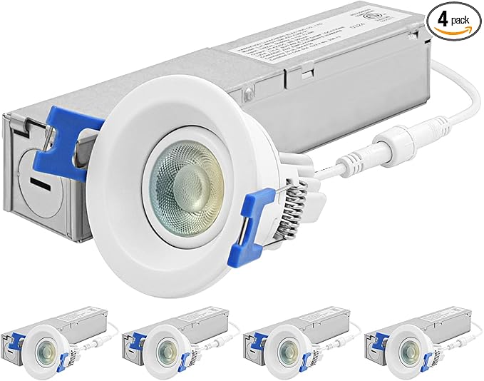 LUXRITE 1 Inch Gimbal Adjustable LED Recessed Light with J-Box 12W 5 Color Selectable 2700K-5000K 1000 Lumens Dimmable Directional LED Downlight Wet Rated ETL Listed (4 Pack)