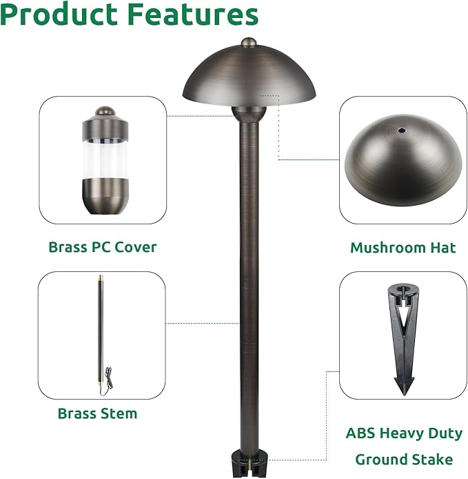 DOSHINE® Solid Brass Low Voltage Landscape Lighting Pathway Lights (6.5 Shade 22 Tall) with Replaceable 3W G4 LED Bulb 3000K AC/DC 12V and Ground Stake for Outdoor Walkway Driveway (MUS 4-Pack)