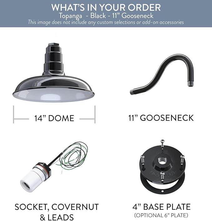 Steel Lighting Co. Topanga Barn Light | Outdoor Wall Mounted | Farmhouse Garage Light Made in America | 14 inch Dome | 11 inch Gooseneck | Black Exterior/White Interior