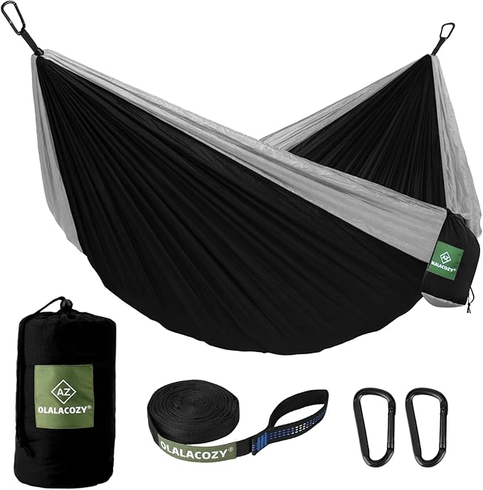 Camping HammockCamping EssentialsLightweight Portable Double &amp Single Hammock with Tree Straps Camping Gear for Outside Hiking Camping Beach Backpack Travel (Black &amp Grey Medium)