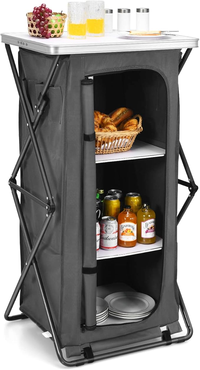Goplus Folding Camping Storage Cabinet Pop Up Outdoor Camping Kitchen Station with Large 3-Tier Storage Organizer Carry Bag Easy Set Up Portable Compact Camping Table for BBQ Picnic Backyard (47'')