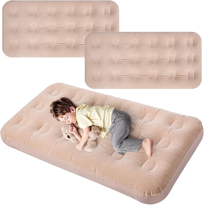 Geetery Kids Air Mattress Toddler Inflatable Airbed 55x27.6x8.7 Inch Foldable Comfort Flocked Blow up Bed with Patch Kit Portable Sleepover Mattresses for Home Travel Camping Party(Beige 2 Pcs)