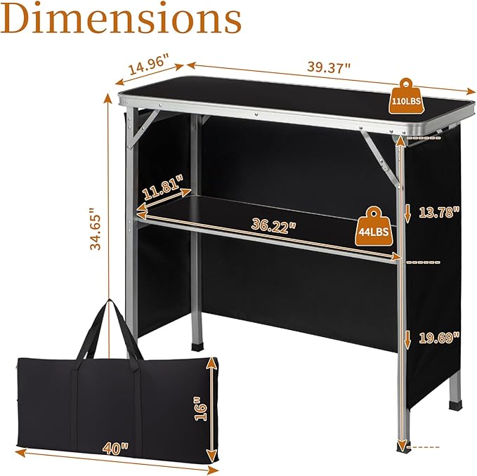 Folding Mobile Bar Table Tradeshow Podium Table with Carrying Bag Storage Shelf and Black Skirt Portable Bar Tables for Events Indoor Outdoor Party Picnic Camping 111 lbs Capacity (Black)