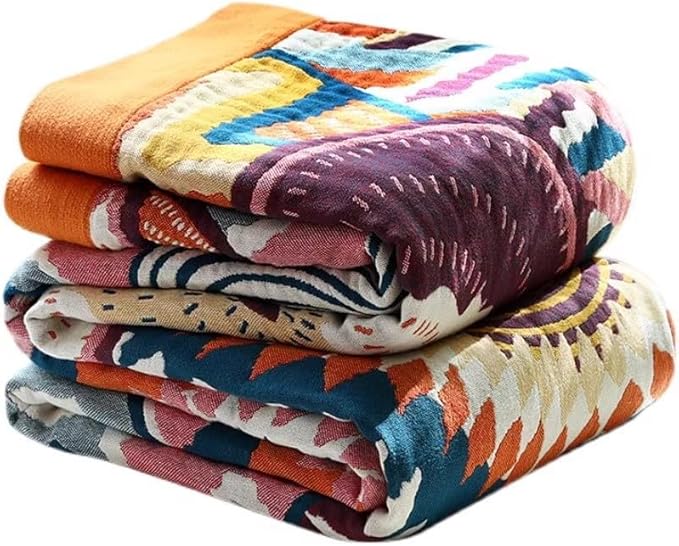 ITFRO Boho Throw Blanket 100% Cotton 4 Layer Muslin Blanket Twin Size 60x80 Lightweight Breathable Rustic Bed Throw Art Geometry Farmhouse Decor for Sofa Couch (Boho Colorful 60x80)
