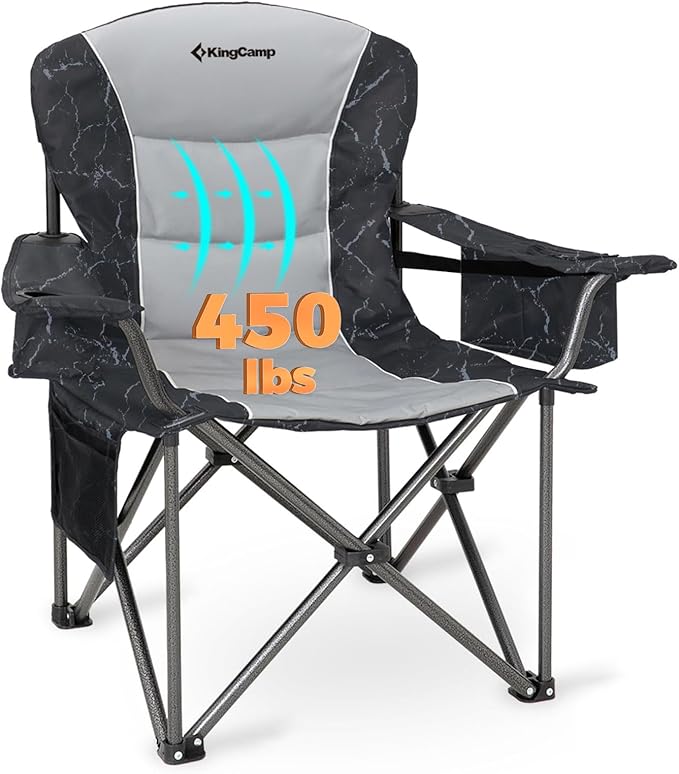 KingCamp Oversized Camping Folding Chair Heavy Duty 450 LBS with Lumbar Support Padded seat with Cup Holder&ampCooler Bag Ideal for Camp Fishing Sports Event Backyard Patio Lawn (Lava Grey)