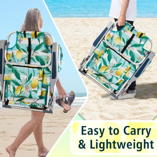 Folding Backpack Beach Chair 4 Position Portable Camping Chair with Headrest Cup Holder and Wooden Armrests (Green 1 Pack)