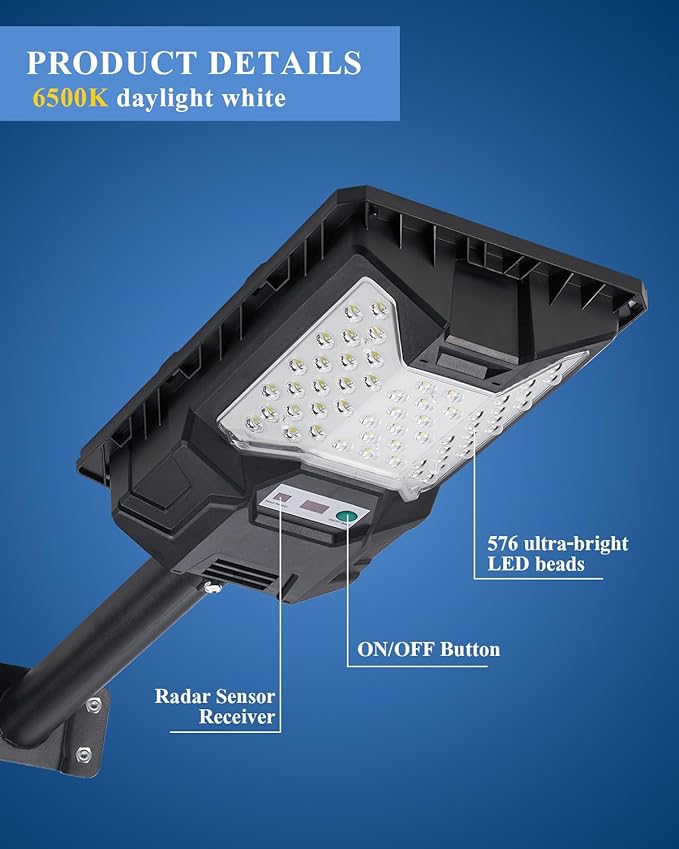Solar Flood Lights 20000LM 6500K Waterproof Motion Sensor LED Solar Powered Flood Light with Remote ControlDusk to Dawn Commercial Area Lighting for Outside Parking Lot 2-Pack