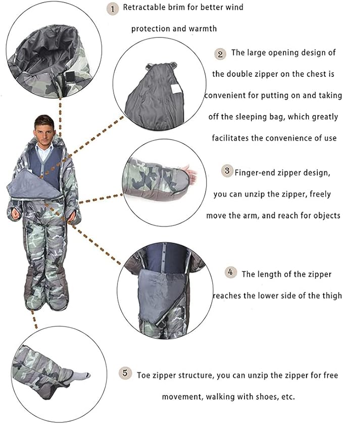 Adults Wearable Sleeping Bag 3 Season Camouflage Sleeping Bag Full Body Sleeping bag for CampingTraveling Hammocks Hiking Backpacking Lounging