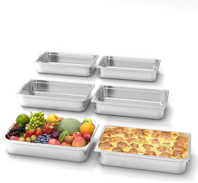 ACEKOOL 6 Pack 4 Hotel Pans Stainless Steel Catering Pans Deep Steam Table Pan Storage Food Tray Anti-Jam Steam Table Food Chafing Dish Pan for Catering Buffet