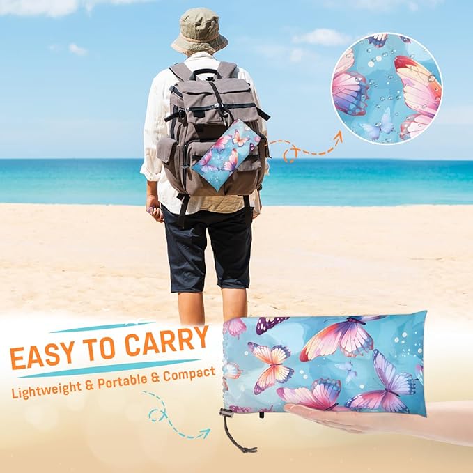 Waterproof Sandproof Beach Blanket 59''×68'' Butterfly Polyester Outdoor Picnic Blanket with 4 Stakes &amp Storage Bag for BeachCampingVacation Pale Green