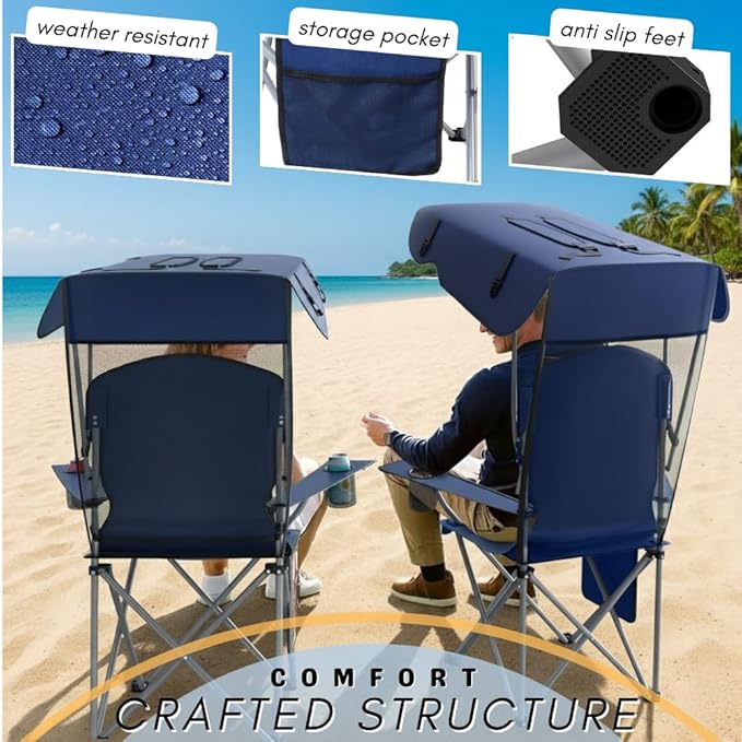 Portable Folding Camping Chairs with Canopy Shade Beach Chair for Adults Durable Weather Resistant 600D Oxford Cloth Camping Chair with Canopy for Outdoors [Navy]