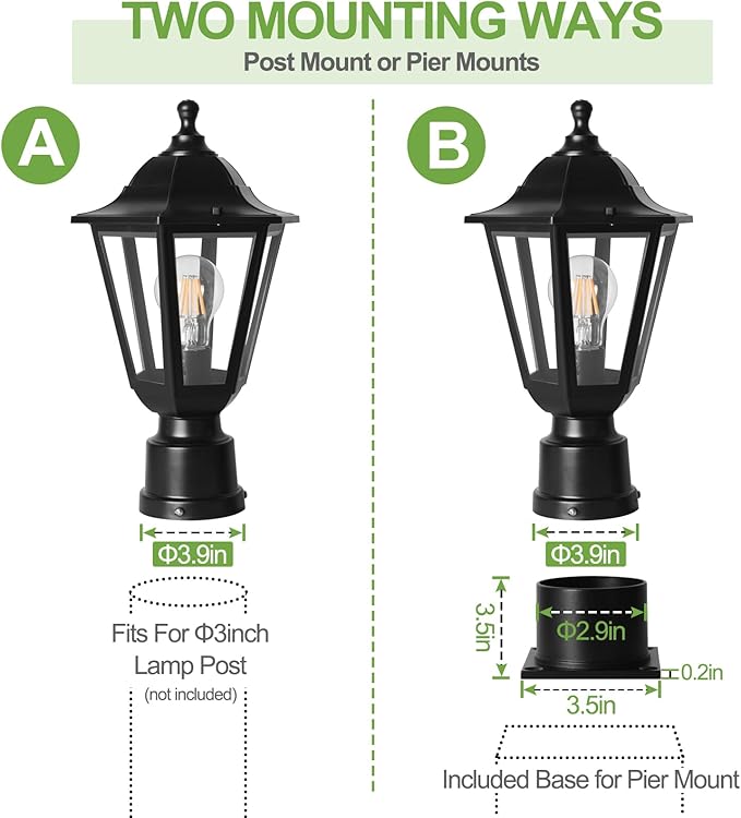 FUDESY Outdoor Post Light Exterior Lamp Post Light Fixture with Pier Mount Base Waterproof Pole Lantern Lighting with E26 Socket Matte Black Plastic Lamp for Garden Patio Pathway(Bulb Included)