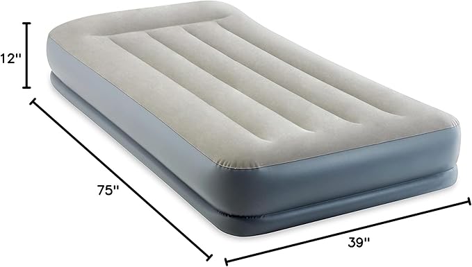 Intex 64115ED Dura-Beam Standard Pillow Rest Air Mattress: Fiber-Tech – Twin Size – Built-in Electric Pump – 12in Bed Height – 300lb Weight Capacity
