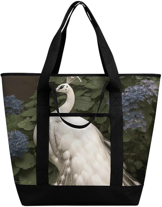 Insulated Shopping BagLarge Reusable Cooler Bags White Peacock Printed Foldable Shopping BagTravel Waterproof Shoulder Bag