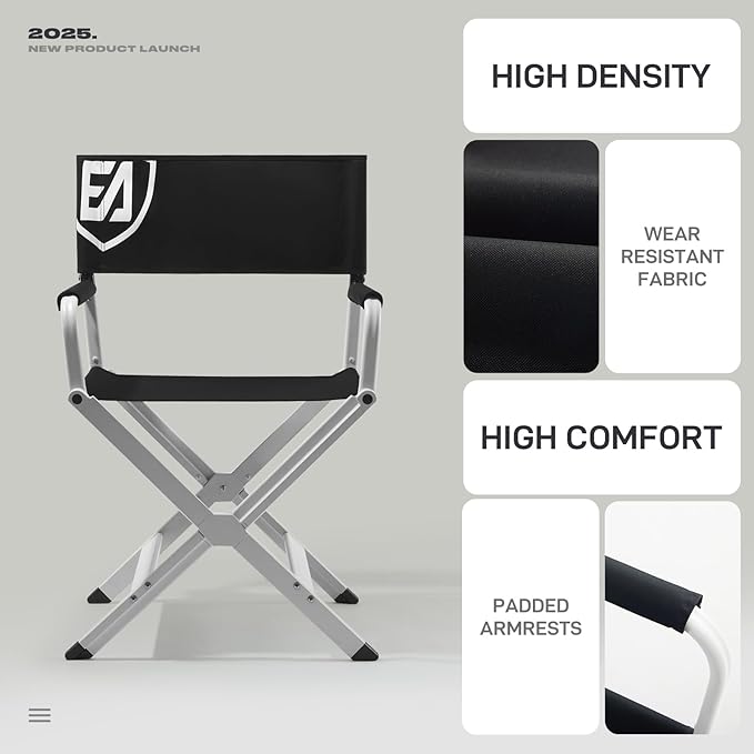 EVER ADVANCED Aluminum Directors Chair Folding Studio Movie Chairs Camping Event Vendor Chair 19 Seat Height Black Fabric/White Frame Support 350lbs