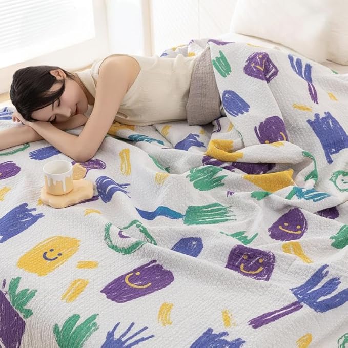 Bnitoam 100% Cotton Bed Blanket Twin Size 60x80 3 Layer Muslin Blanket Cooling Breathable Lightweight Summer Gauze Throw for Hot Sleepers Kids Birthday Gift (Print 60x80)