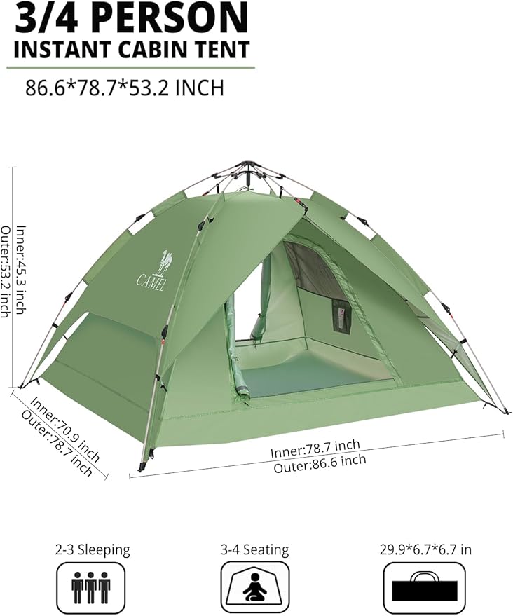 CAMEL CROWN Instant Tent for 3-4 Person Waterproof &amp Sun Protection Family Camping Tent Sets Up in 30 Seconds Lightweight with Carry Bag for Hiking Car Camping Backyard
