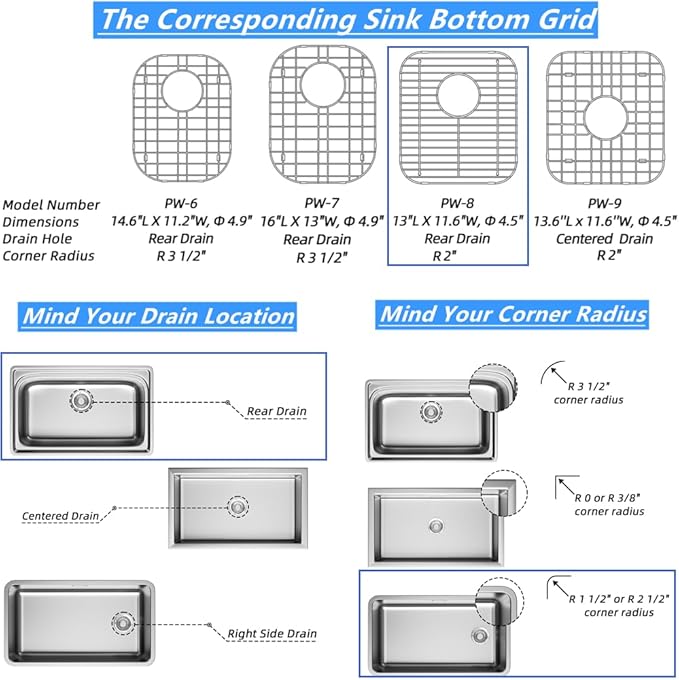 Sink Bottom Grid Kitchen Universal Sink Grate 304 Stainless Steel Sink Rack Protector with Rear Drain 13.2 X 11.6