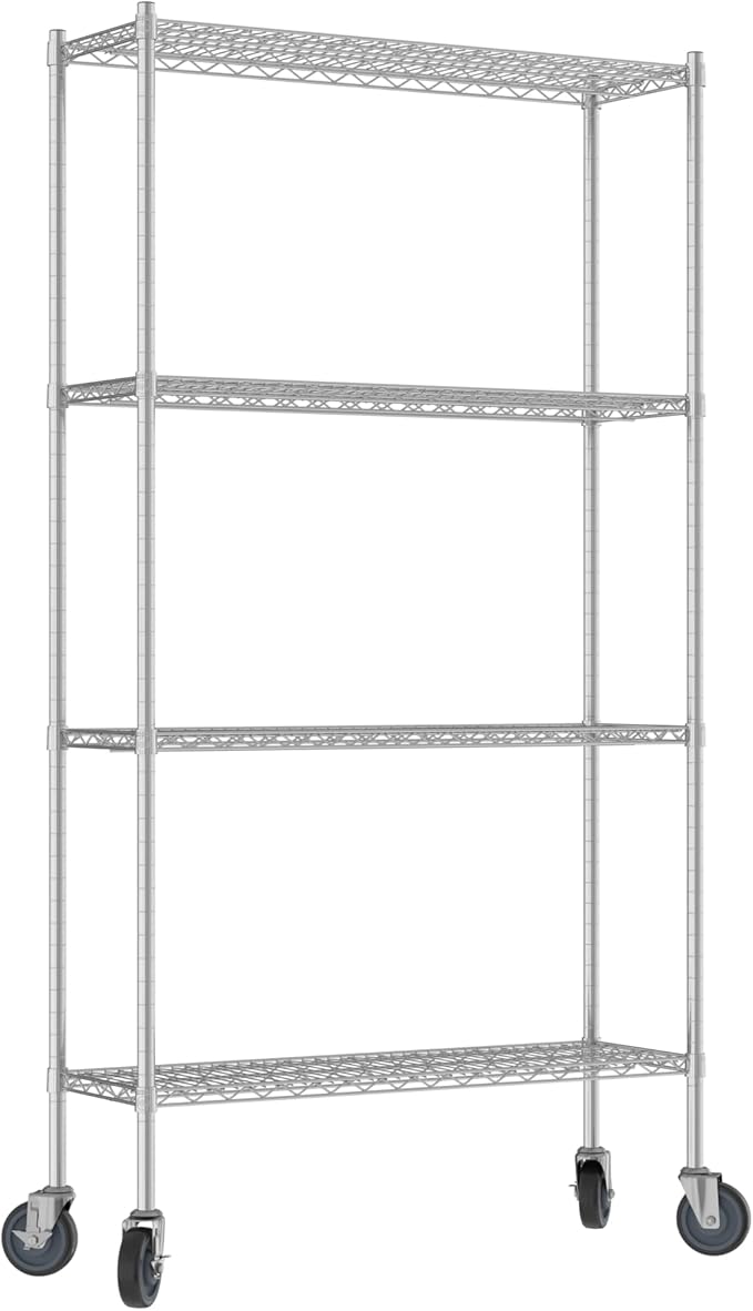 Commercial NSF Listed Chrome Mobile Wire Shelving Kit 14 x 42 x 80 with 4 Shelves Perfect for Warehouse Walk-in Refrigerator Freezer Grocery Store Restaurant Dishroom