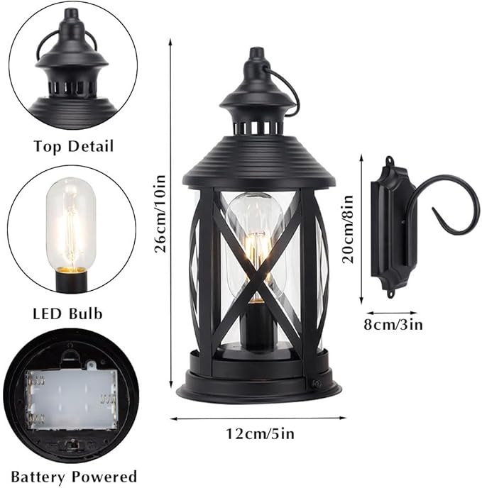 TRIROCKS Set of 2 Battery Powered Metal Lamp 10'' Tall Decorative Cordless Table Lamps LED Edison Lights Hanging Lamps with Metal Hook for Home Decor Patio Garden Wedding Parties Indoor Outdoor(Black)