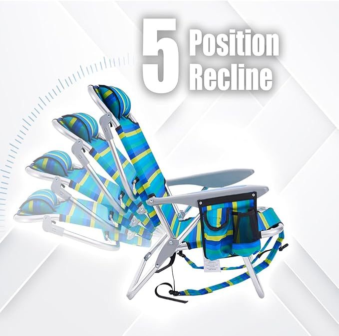 Portable Recliners Chair for Adults Outdoor Camping Chair Lay Flat Folding Backpack Reclining Chair with 5 Positions Headrest Zipper Pouch Cup Holder Multi Srtiped