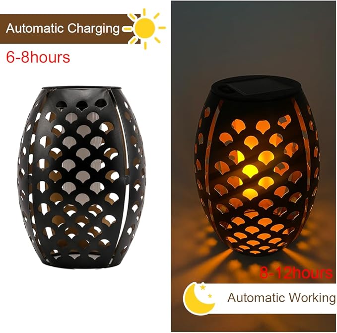 2PCS Solar Table Lanterns with Flickering Flame Light Outdoor Waterproof Metal Desktop Decorative Lamp with Hollow Design for Tabletop Garden 7.3 H Black Shell