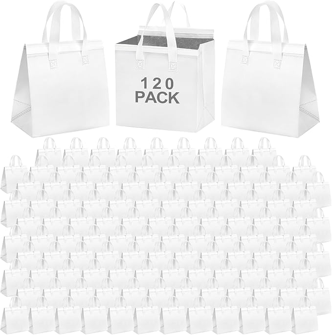 120 Pcs Insulated Take Out Bags Bulk in Thermal Insulation Lunch Bag for Hot Cold Food Coffee Milk Tea BBQ or Wedding Birthday Catering Restaurant Grocery Picnic Donation Gift Bag