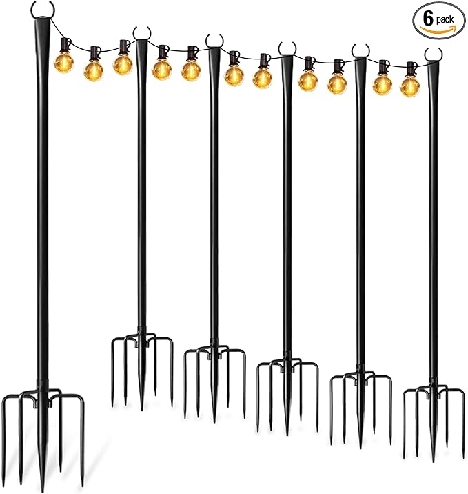 6 Pack String Light Poles for Outside Thickened Metal Lights Hanger Pole Outdoor with Fork Lighting Hanging Post Accessories for Patio Decor Garden Backyard Yard Front Porch Outside Decorations