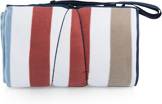 Picnic TIME Blanket Tote XL Outdoor Picnic Blanket 70x80 Foldable Beach Mat with Soft Fleece Top Water-Resistant Backing Carry Strap &amp Pocket Portable Blanket for 4-5 People (Coastal Stripe)