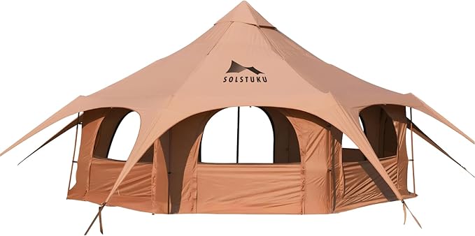 SOLSTUKU 4 Season Canvas Bell Tent 270 sq ft 9.8 ft Peak Height 10 Person Free Standing Zipper Closure Compact Style Camping &amp Hiking Family Camping Cold-Weather Outdoor Activities