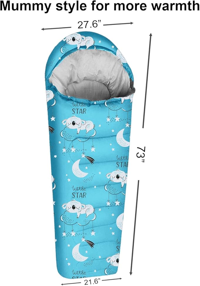 KidzAdventure Mummy Style 32 – 59F Kids Sleeping Bag with Pillow Sleeve 4 Season Lightweight and Backpacking Style Ideal for Camping Sleepover Boys Girls Youth and Toddlers