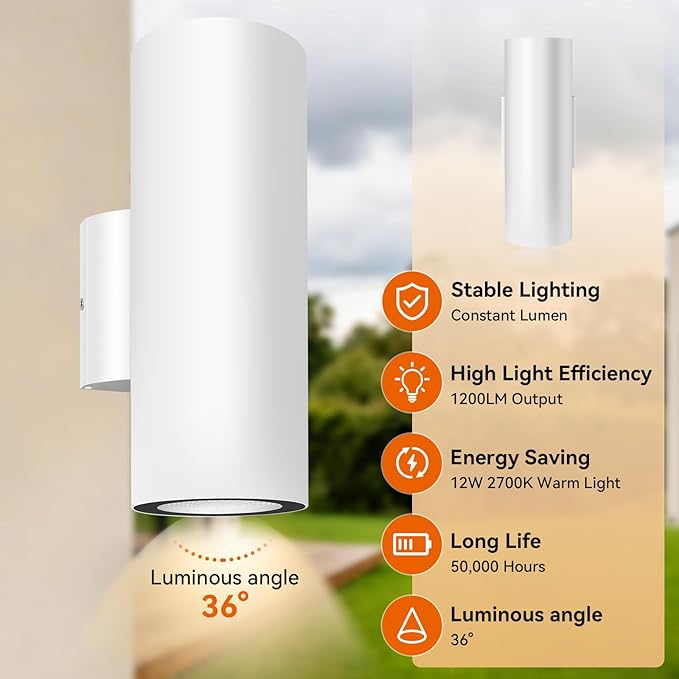 JO.KO Porch Light in 2 Lights Cylinder Wall Lights 10.24 2 Pack Up Down Lights 2700K Warm White Waterproof Wall Sconce AluminumExterior Light Fixture Wall Mount White