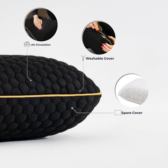 Memory Foam Travel Pillow with Washable Cover &amp Carry Bag – Compact Soft &amp Breathable Neck Pillow for Airplane Camping &amp Car (Black- with Extra Gray Cotton Cover 15.7x9.8x3.9 inches)