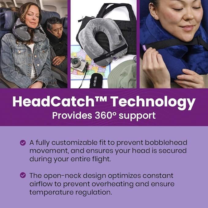Cabeau Inflatable Travel Pillow – Air TNE – Adjustable Lightweight and Supportive for Sleeping on Airplanes Trains and Cars– Customized Fit and Compact Carrying Case (Midnight Black)