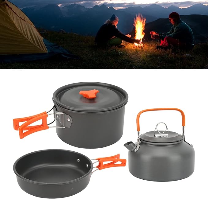 Camping Cookware Mess Kit Portable Set Hard Oxidized Aluminum Lightweight Black - Non Stick Surface Folding Utensils Ideal for Backpacking and Outdoor Cooking