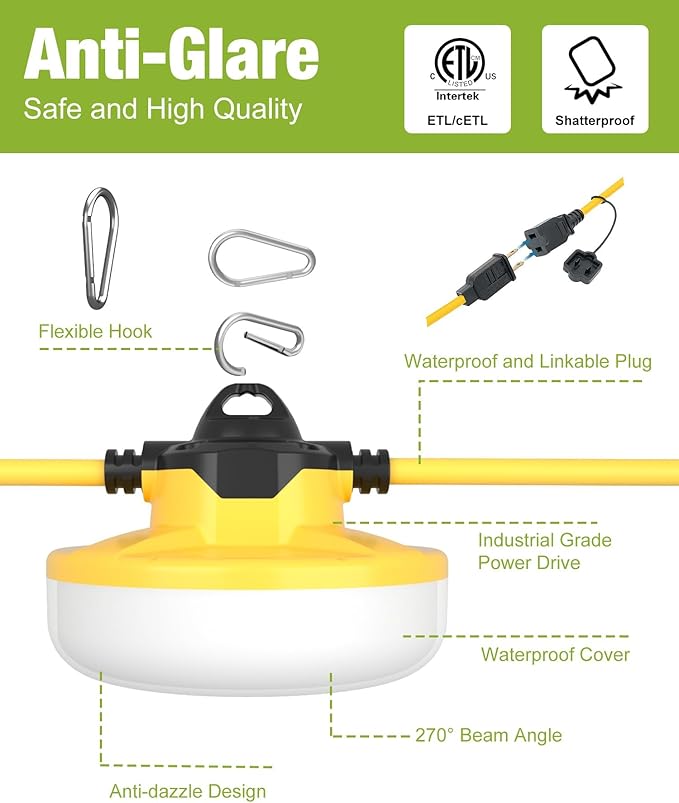 YXL 50FT 8000LM Construction String Lights 65W Industrial String Work Lights IP65 Waterproof Super Bright for Construction Sites Temporary Work Jobsites Outdoor Lighting