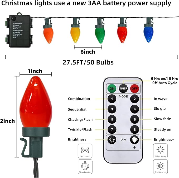 50LED C7 Multicolor Christmas Lights Battery Operated with 8 Mode Remote Control 27.5FT 50pcs Twinkle C7 Light Bulbs for Colorful Christmas Tree Lights &amp Home Porch Yard Lawn Decorations