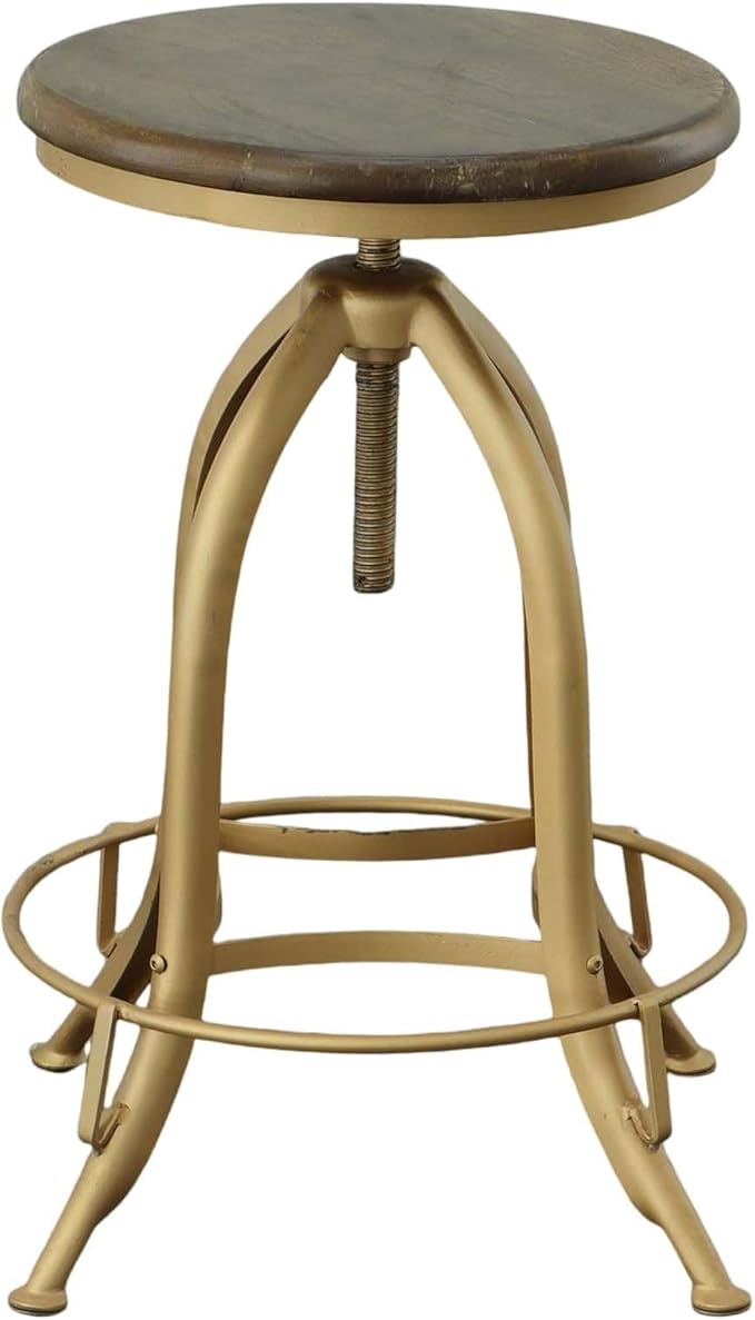 Carolina Chair &amp Table Ryder Adjustable Round Bar Stool - Powder Coated Finish Metal Frame Solid Wooden Seat Swivel Stool - Rustic Style Furniture for Counter Dining Room Kitchen (Elm/Gold)