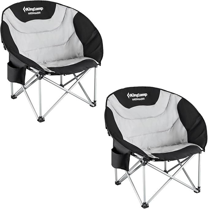 KingCamp Camping Chair Oversized Padded Moon Round Saucer Chairs Camping Folding Chair with Cup Holder (Black - 2 Pack)…