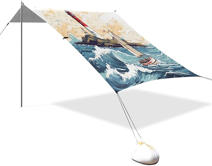 Camping Sun Shelters Sailboat in The Sea Wave and Lighthouse Beach Canopy 126 * 110.2in