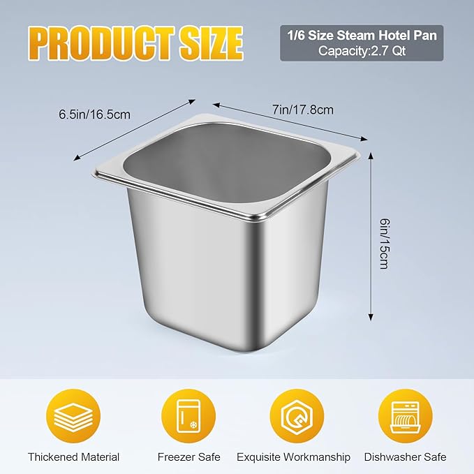 Hotel Pan 1/6 Size - Stainless Steel Steam Pan With Lid 6 Deep Food Anti Jam Stainless Steel Buffet Commercial
